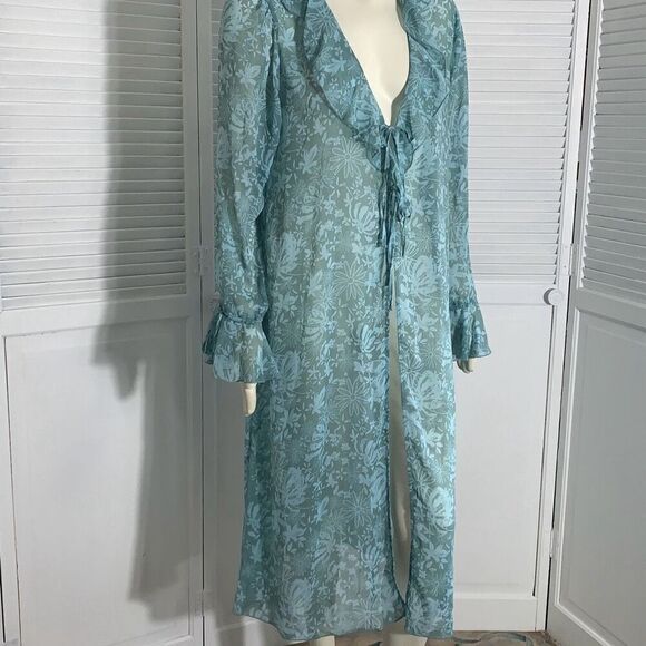 Wild Fable Women's Ruffle Duster Jacket Aqua Green Floral Size L - Picture 5 of 16